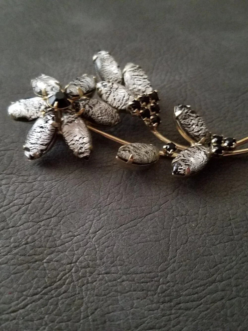 Vintage Black Foil Glass and Black Rhinestone Floral Brooch